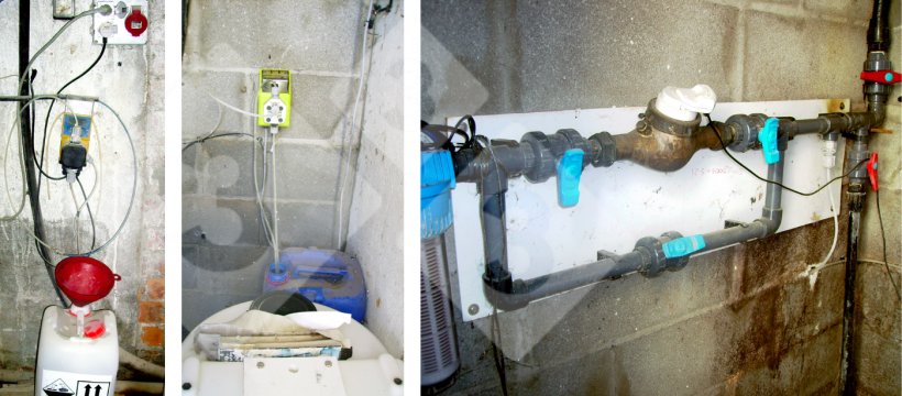 Figura 7. Sistema de higienizaci&oacute;n. Isquierda:&nbsp;Bomba dosificadora de cloro, Centro:&nbsp;Bomba dosificadora de per&oacute;xido de hidr&oacute;geno, Derecha:&nbsp;Filtro, contador de flujo y &quot;by pass&quot;.
