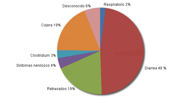 Distribución del % de bajas por causa en cebo de las granjas con diarrea.