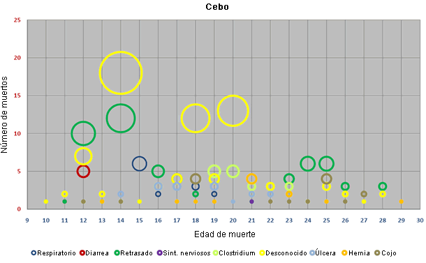 Distribución por edad y causa de las bajas en cebo del grupo de granjas sin diarrea.