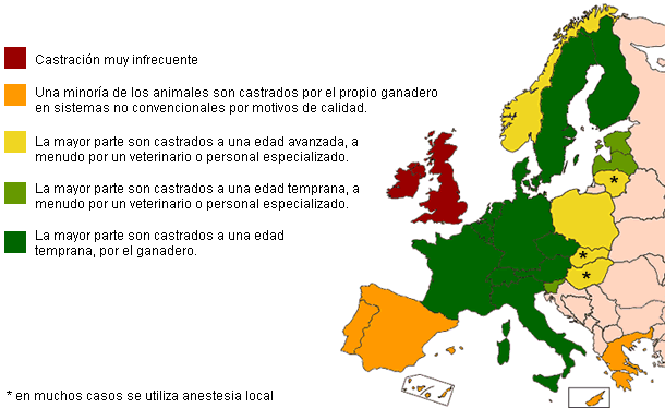 Mapa de las variaciones regionales en castración de lechones en Europa