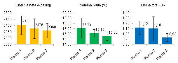 Energía neta, proteína bruta y lisina total en 3 piensos