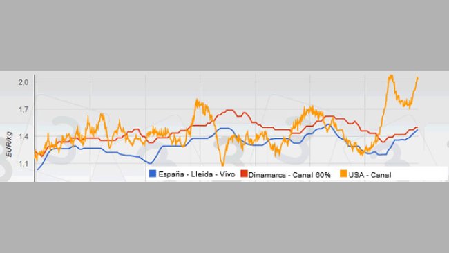 Evolución del precio del cerdo desde 2011 hasta 2014 de España, Dinamarca y USA