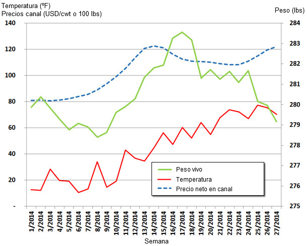 Actualización de los valores semanales de peso vivo medio, precio canal y temperatura en EEUU