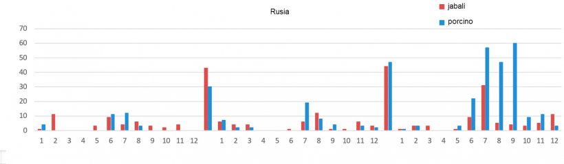 Evoluci&oacute;n mensual de los focos de PPA en Rusia
