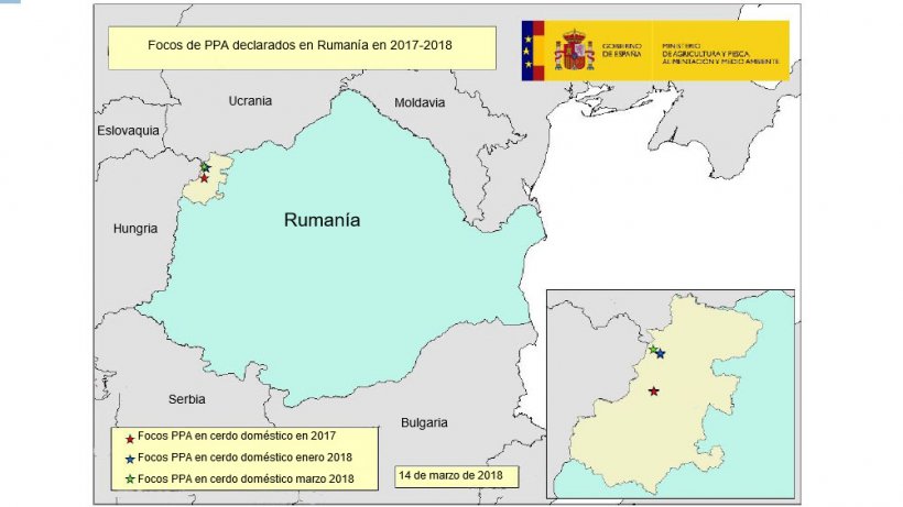 Focos de PPA en Ruman&iacute;a 2017-2018 (Fuente RASVE-ADNS)
