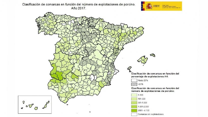 Clasificaci&oacute;n de comarcas en funci&oacute;n del n&uacute;mero de explotaciones de porcino y del porcentaje de explotaciones A4.
