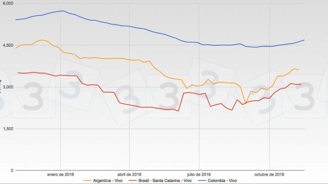 Grafica 1. Evolución de las cotizaciones de Argentina, Brasil y Colombia en 2018.