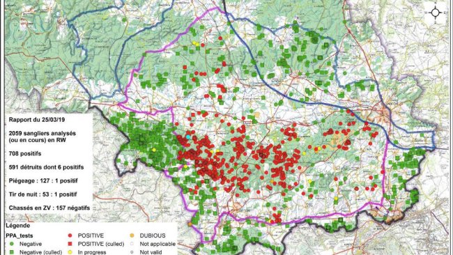 Mapa del límite de zonas y localización de los jabalíes afectados hasta 25 de marzo de 2019.