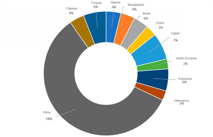 Figura 6. Importaci&oacute;n porcentual de trigos de los principales pa&iacute;ses importadores en la campa&ntilde;a 2019/2020. Fuente: FAS-USDA

