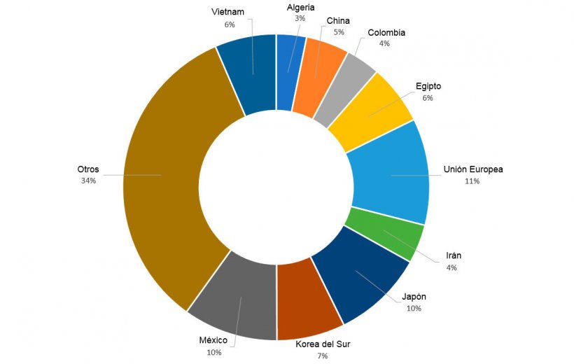 Figura 6. Importaci&oacute;n porcentual de ma&iacute;z de los principales pa&iacute;ses importadores en la campa&ntilde;a 2019/2020. Fuente: FAS-USDA
