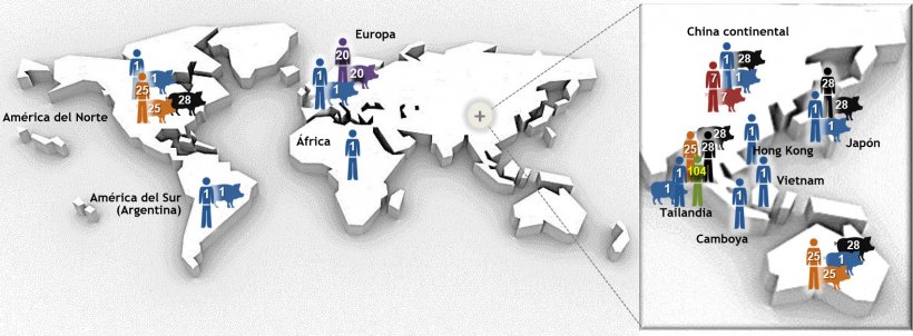 Figura 1. Principales tipos de secuencia (STs) del serotipo 2 de Streptococcus suis determinados por&nbsp;Tipificaci&oacute;n multilocus de secuencias (MLST). Las cepas ST1 serotipo 2 se asocian principalmente a la enfermedad tanto de cerdos (donde hay datos disponibles) y humanos en Europa, Asia, &Aacute;frica y Am&eacute;rica del Sur (Argentina). ST7, una variante de locus &uacute;nico de ST1, es end&eacute;mica la China continental. La situaci&oacute;n es diferente en Am&eacute;rica del Norte, donde se han descrito pocos casos cl&iacute;nicos de ST1 en cerdos y s&oacute;lo 1 en humanos. De hecho, las cepas norteamericanas del serotipo 2 pertenecen principalmente a ST25 (humanos y cerdos) y a ST28 (s&oacute;lo cerdos). El &uacute;ltimo ST tambi&eacute;n est&aacute; asociado a casos cl&iacute;nicos porcinos en la China continental, Australia, Jap&oacute;n y Tailandia. Curiosamente, Jap&oacute;n y Tailandia son los &uacute;nicos pa&iacute;ses que tambi&eacute;n est&aacute;n describiendo casos humanos por ST28. Adem&aacute;s de en Am&eacute;rica del Norte, se han descrito casos en humanos por ST25 en Australia y Tailandia. Finalmente, ST20 s&oacute;lo tiene prevalencia en Europa (especialmente en Holanda). En esta gr&aacute;fica, los n&uacute;meros (1, 20, 25, 28, 104) de los distintos hospedadores indican distintos STs (p.e.: ST1, ST20, ST25, ST28, ST104) y cada ST ha sido dibujado con un color distinto. La figura ha sido modificada a partir de: Segura M, Fittipaldi N, Calzas C, Gottschalk M. Critical Streptococcus suis virulence factors: Are they all really critical? Trends Microbiol. 2017; 25(7):585-599. doi: 10.1016/j.tim.2017.02.005, with copyright permission.
