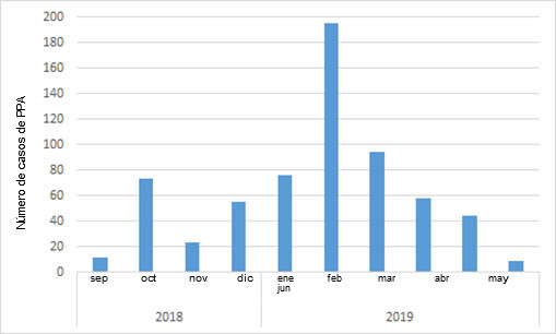 Nombre mensuel de sangliers positifs d&eacute;couverts en Belgique depuis le premier cas en septembre 2018 (source : ADNS au 08/07/2019).
