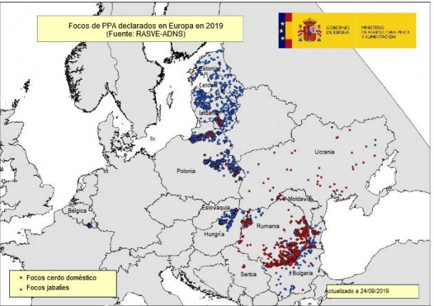 Mapa de los focos de PPA en la UE y Ucrania en 2019