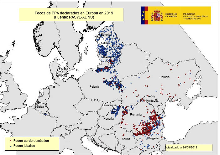 Mapa de los focos de PPA en la UE y Ucrania en 2019