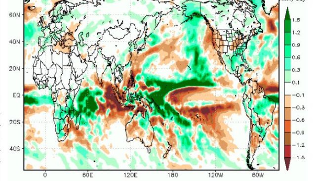Gráfico 1: En estos dos mapas podemos encontrar el pronóstico de anomalías en la temperatura y las lluvias durante el mes de octubre. (Fuente: GrADS/COLA).