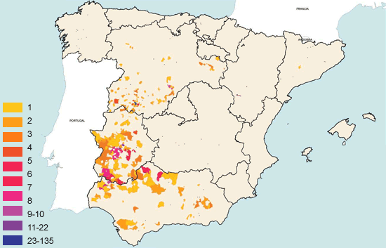 Distribución geográfica de las empresas productoras de jamón ibérico por número de establecimientos.