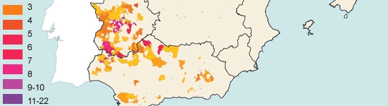 Distribución geográfica de las empresas productoras de jamón ibérico por número de establecimientos.