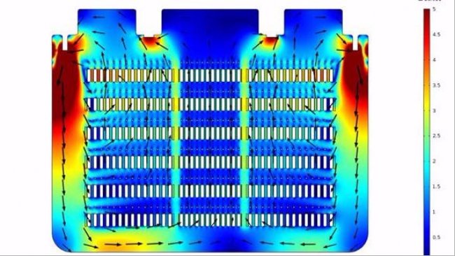 Figura 1. Simulaci&oacute;n de la distribuci&oacute;n de velocidad de aire en un secadero mediante el programario Comsol.
