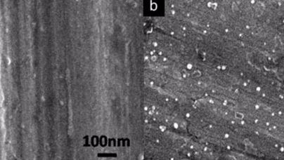 Figura 2. Imagen de las superficies en SEM (Scanning Electron Microscopy). (A) Hoja de acero inoxidable en blanco. (B) Hoja de acero inoxidable-AgNPS (nanopart&iacute;culas de plata) (Limei Chen et al, 2010)
