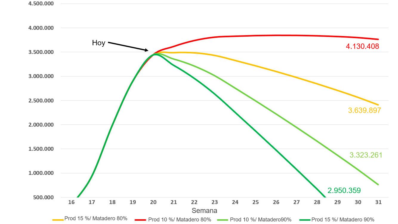 Figura 2. Previsi&oacute;n del n&uacute;mero de cerdos eutanasiados en EEUU&nbsp;hasta finales de julio considerando 4 posibles escenarios.&nbsp;Fuente de los datos: Encuesta de sacrificio NASS del USDA y AMS LM_HG201
