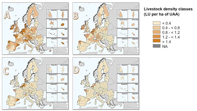 Densidad de ganado en la Unión Europea en 2016 para: (a) todo el ganado, (b) bovino, (c) porcino y (d) aves de corral. Estimado dividiendo el número de unidades de ganado por la superficie agrícola utilizada (SAU) dentro de cada región NUTS 2. Fuente: Eurostat, marzo de 2020; mapas creados por Matteo Sposato, SRUC.