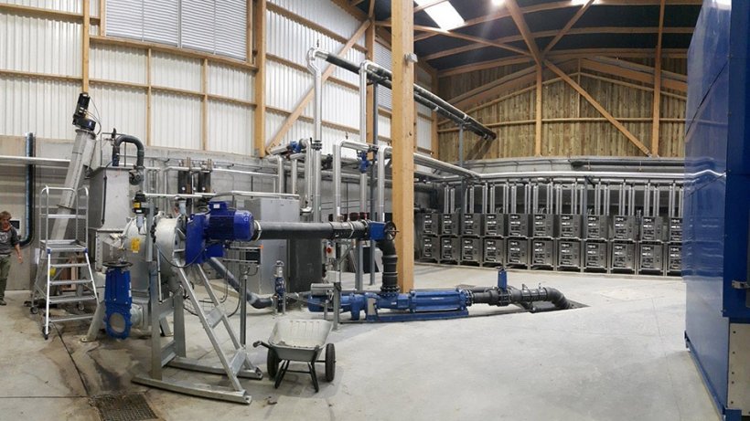 The technical equipment has been put together individually for the AD plant. Heat pumps (rear) ensure efficient use of waste heat and the MULTIMix (front left) shreds the substrates in advance.
