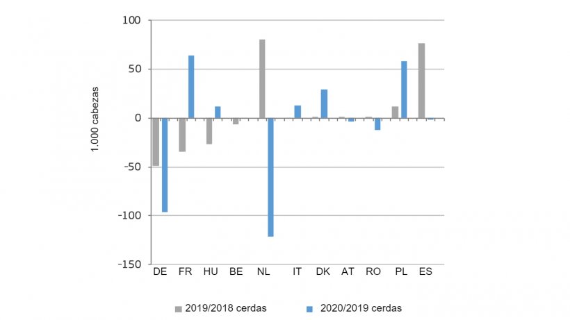 Cambio en el n&uacute;mero de cerdas reproductoras en los principales pa&iacute;ses productores de la UE. Fuente:&nbsp;DG Agricultura y Desarrollo Rural, basado en Eurostat.
