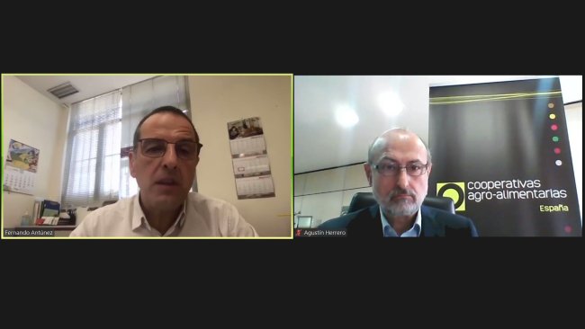 El presidente de CESFAC, Fernando Antúnez (izquierda) y el director de Cooperativas Agro-alimentarias de España, Agustín Herrero (derecha) durante el seminario web en el que se ha presentado el MIRAT del sector para la fabricación de piensos y pre-mezclas para la alimentación animal.