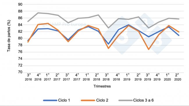 Gr&aacute;fico 4.&nbsp;Tasa de partos por ciclo y trimestres de cubriciones, cubriciones periodo Julio 16-Junio 20.
