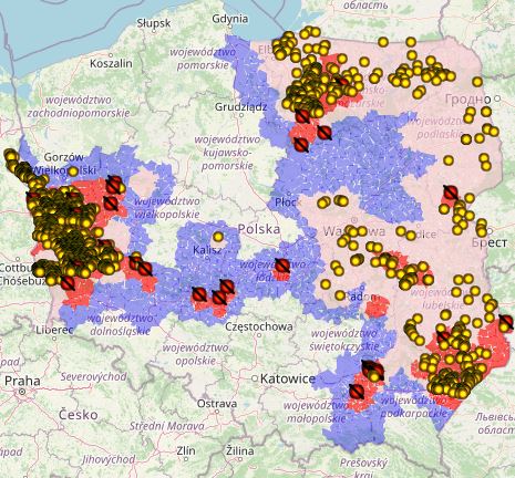 ASF u dzików w 2021r. (żółte punkty)