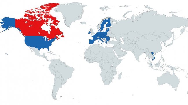 Figura&nbsp;1. Pa&iacute;ses con los que Canad&aacute; tiene acuerdos de zonificaci&oacute;n para la PPA (Vietnam, Singapur,&nbsp;la Uni&oacute;n Europea&nbsp;y los&nbsp;Estados Unidos).
