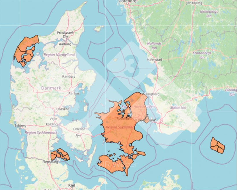 Figura 3. Estatus de la estrategia nacional de reducci&oacute;n del vPRRS en Dinamarca. El color naranja representa los programas regionales de erradicaci&oacute;n establecidos.
