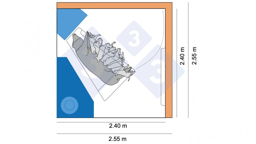 Figura 4. Las primeras medidas de los corrales en Dinamarca eran de 2,4 x 2,4 m, mientras que los dise&ntilde;os m&aacute;s recientes son de 2,55 x 2,55, lo que permite m&aacute;s espacio para camadas grandes y opciones de movimiento para la cerda.
