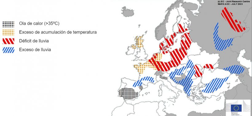 Mapa 1. Eventos climáticos extremos en Europa del 1 de junio al 16 de julio del 2023 (fuente: MARS Butlletin 24/07/2023).