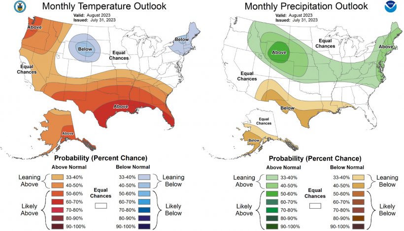 Mapa 1. Previsión climatológica mensual en los EEUU. Temperatura a la izquierda y precipitación a la derecha. (fuente: https://www.cpc.ncep.noaa.gov)