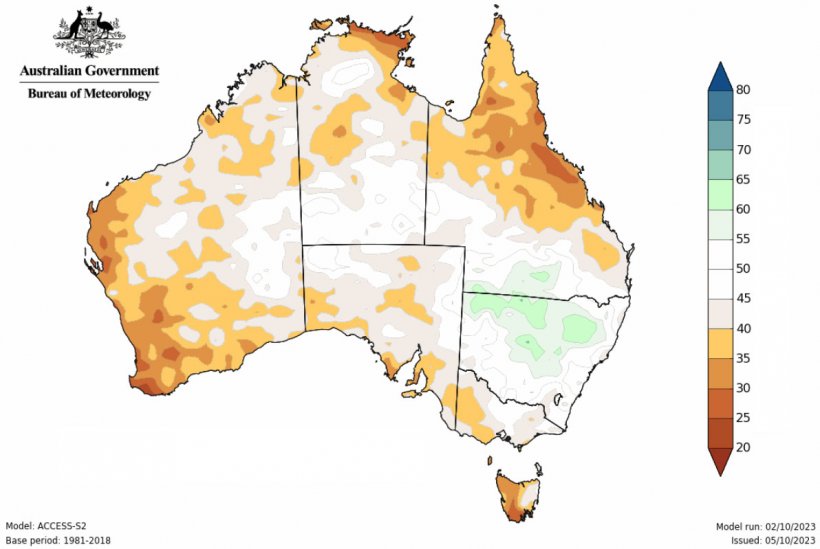 Mapa 3. Probabilidad de superar la precipitación media del 23 de noviembre a enero de 2024 en Australia (fuente: Bureau of Meteorology, Australia).