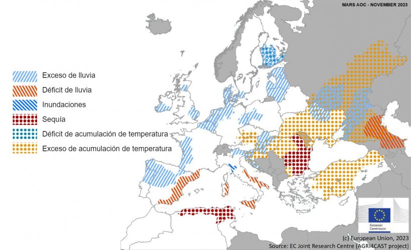 Mapa 1. Eventos climáticos extremos en Europa del 1 de octubre al 18 de noviembre del 2023 (fuente: MARS Butlletin 27/11/2023).