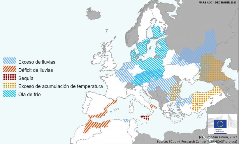 Mapa 1. Eventos climáticos extremos en Europa del 1 de noviembre al 10 de diciembre del 2023 (fuente: MARS Butlletin 18/12/2023).