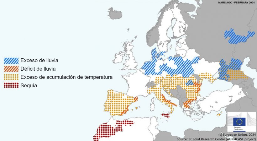 Mapa 1. Eventos climáticos extremos en Europa del 1 de enero del 2024 al 18 de febrero del 2024 (fuente: MARS Butlletin 26/02/2024).