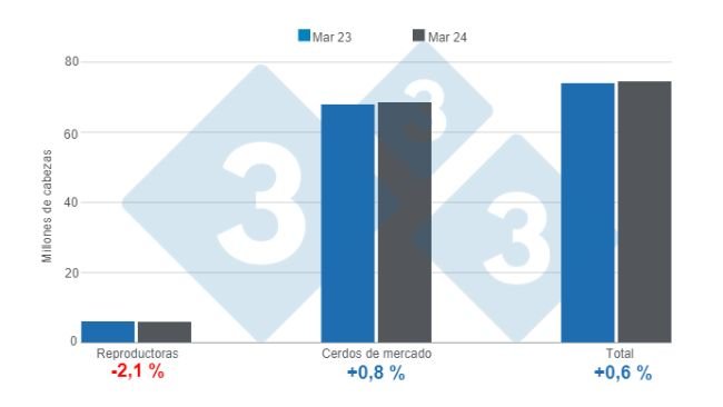 Gráfico 1. Inventario de porcinos en Estados Unidos con corte al 1 de marzo de 2024, variaciones anuales. Elaborado por el Departamento de Economía e Inteligencia de Mercados de 333 Latinoamérica con datos de USDA - NASS. 