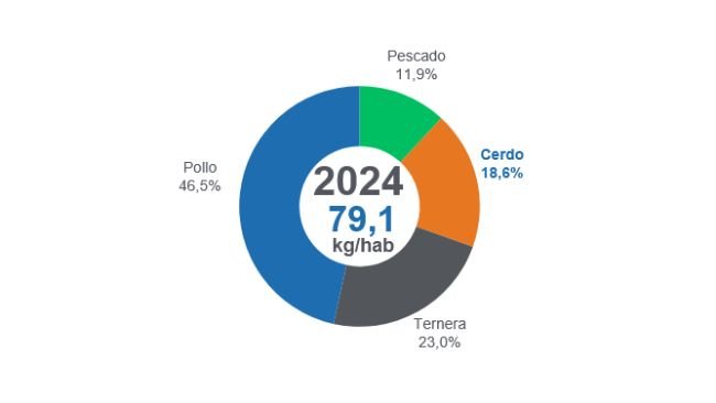 Gráfico 1: Participación del consumo de proteínas animales (res, cerdo, pollo y pescado) en el total de 2024. 
Elaboración y cálculos: Departamento de Economía y Sostenibilidad de 333 Latinoamérica con datos de Fenavi, Fedegan, Porkcolombia y Fedeacua.