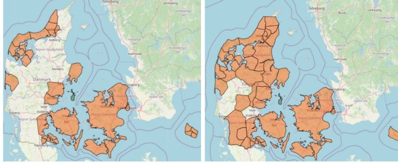 Areas of the active control plan for PRRS reduction. Active negativization areas are marked in orange. Left: January 2024. Right: January 2025.