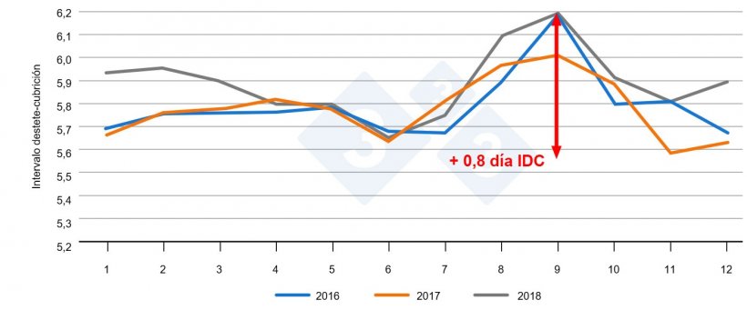 Figura 1. Intervalo destete-cubrición en función del mes del año. Fuente: PigChamp Pro Europa