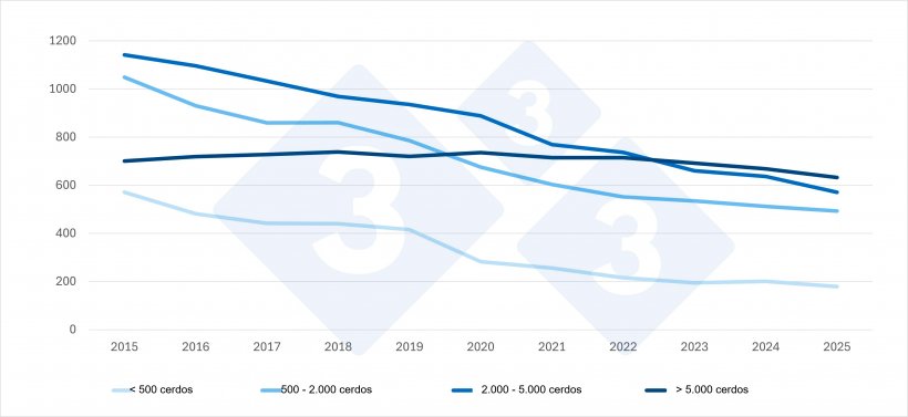 Evolución de las granjas porcinas en los Países Bajos por tamaño (2015-2025*). Datos provisionales para 2025. Fuente: Censo Agrícola de la CBS.