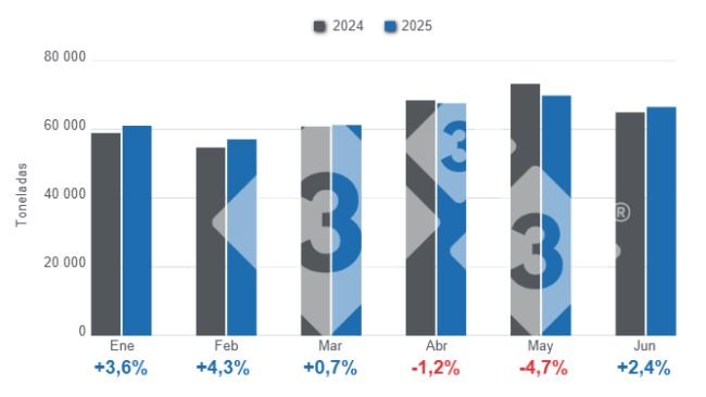 Gráfico 1: Producción mensual de carne de cerdo en el primer semestre de 2025, variaciones anuales. 
Elaborado por el Departamento de Economía y Sostenibilidad de 333 Latinoamérica con datos de la Secretaría de Agricultura, Ganadería y Pesca del Ministerio de Economía de Argentina