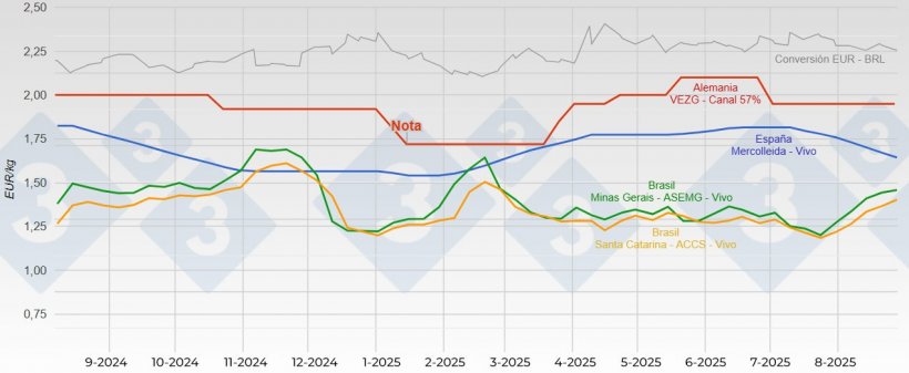 Comparación del precio del cerdo entre España, Alemania y Brasil durante el último año.