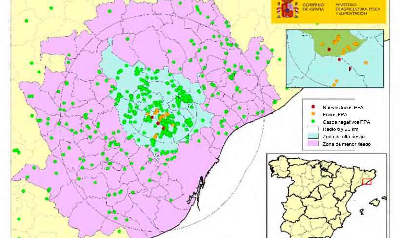 Localizaci&oacute;n de los 23 focos en jabal&iacute;es silvestres y de los jabal&iacute;es capturados o hallados muertos negativos detectados en Catalu&ntilde;a (Fuente: MAPA).