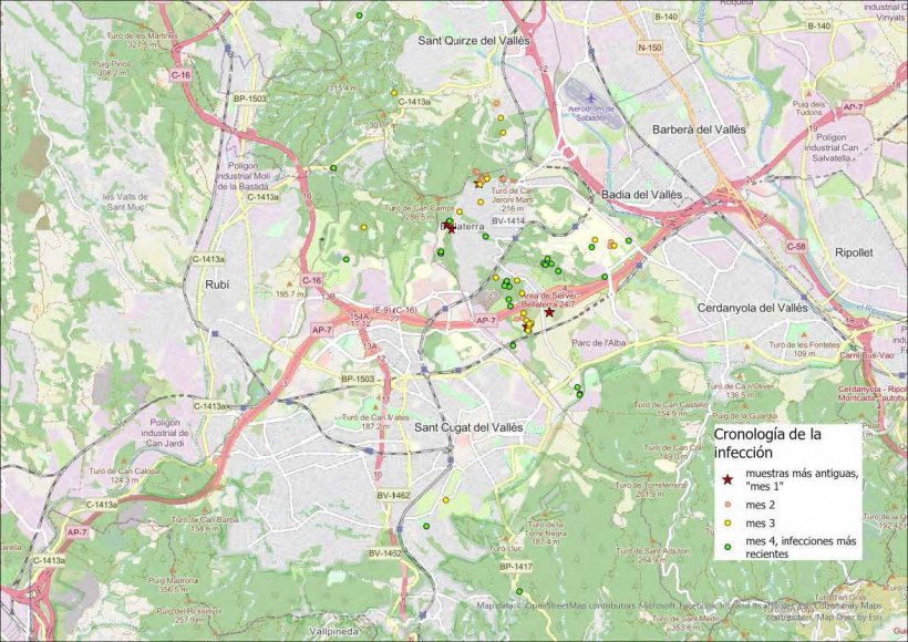 Figura 1. Distribuci&oacute;n geogr&aacute;fica y cronol&oacute;gica de los positivos (Fuente: CCPPA a partir de los datos compartidos por el CReSA)