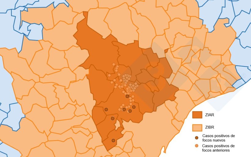 Localizaci&oacute;n detallada de los 162&nbsp;casos de jabal&iacute;es silvestres detectados en la zona infectada. C&iacute;rculo claro: casos de focos anteriores. C&iacute;rculo oscuro: nuevos casos notificados (Fuente: Departament d&rsquo;Agricultura, Ramaderia, Pesca i Alimentaci&oacute;).
