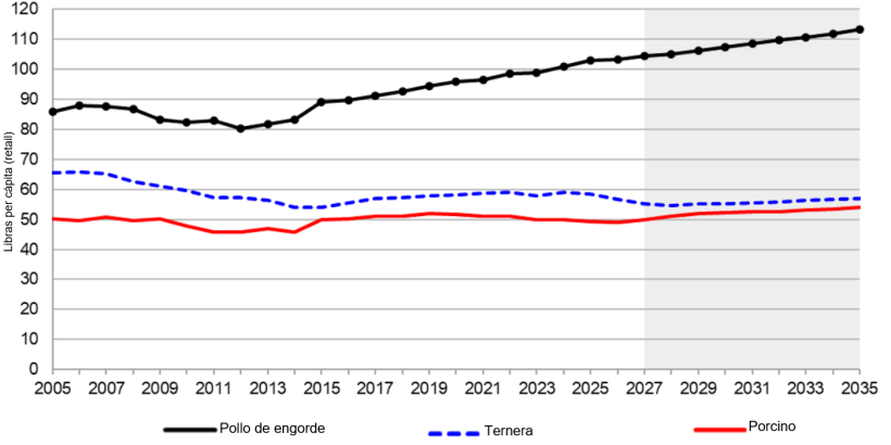 Consumo de carne per c&aacute;pita en EE. UU., 2005-2035. Fuente: USDA
